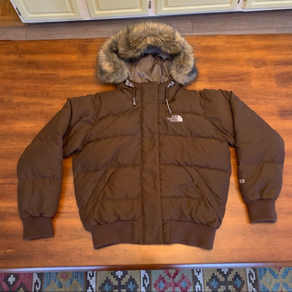 North Face 550 Goose Down Brown Hooded Puffer Jacket